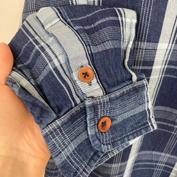 Product Think Tank Mens L Indigo Blue Plaid Flannel Sustainable Work Shirt Chore - Picture 5 of 10